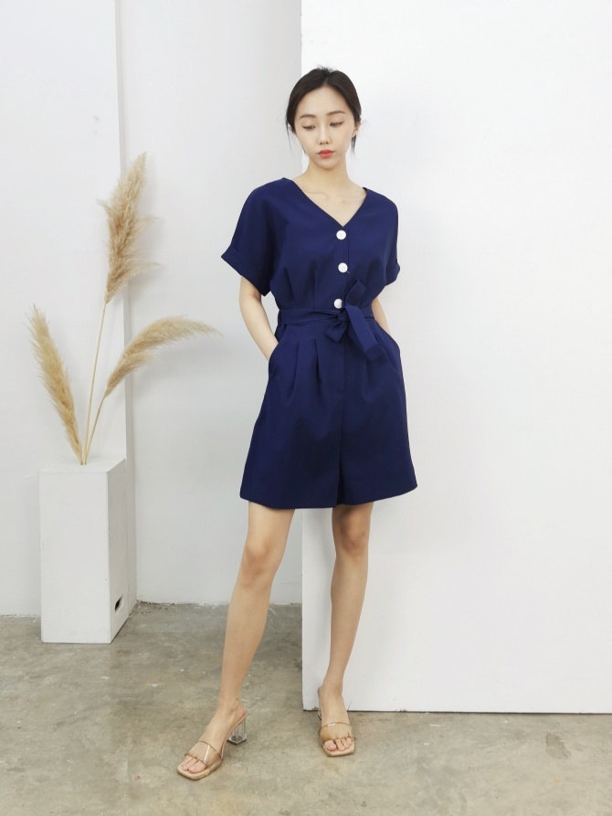 Short Sleeve Front Button Jumpsuit With Belt 16860