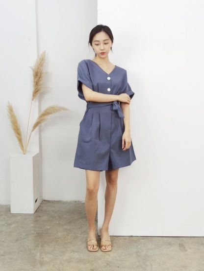 Short Sleeve Front Button Jumpsuit With Belt 16860