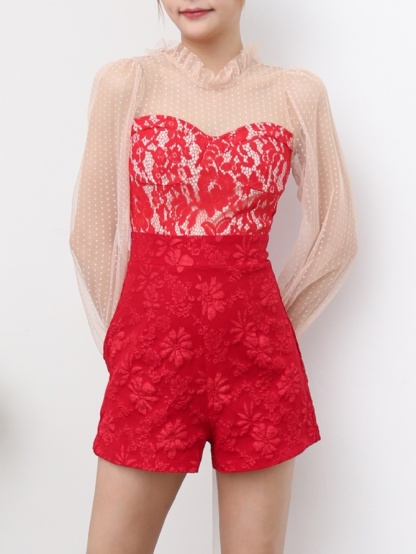 Floral Lace With Polka Dot Long Sleeve Jumpsuit 25201