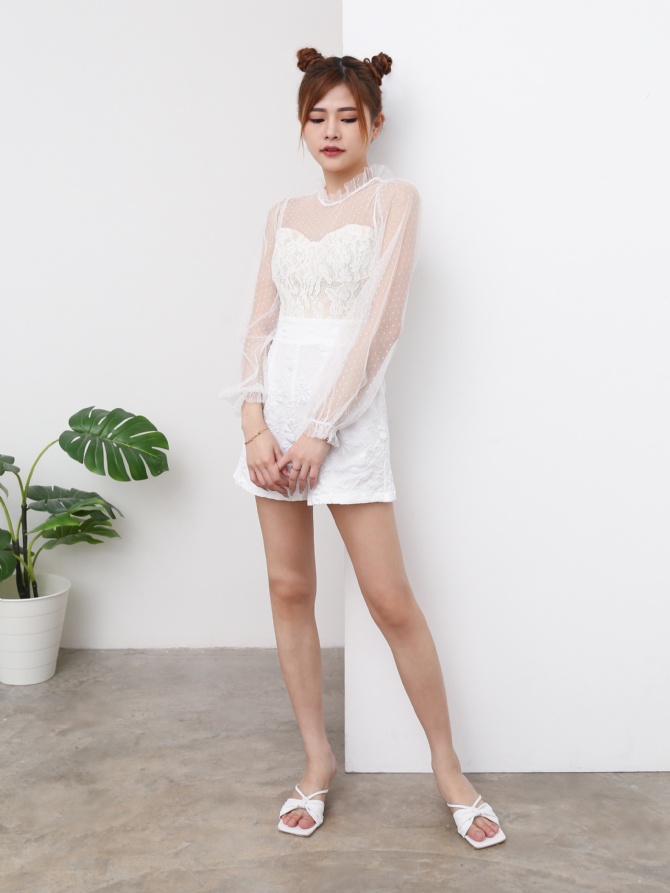 Floral Lace With Polka Dot Long Sleeve Jumpsuit 25201