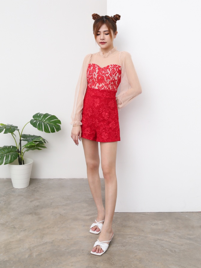 Floral Lace With Polka Dot Long Sleeve Jumpsuit 25201