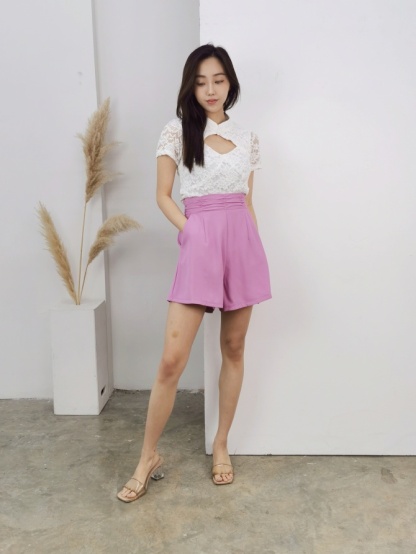 Mandarin Collar Lace Short Sleeve Top And Pant Set 17883