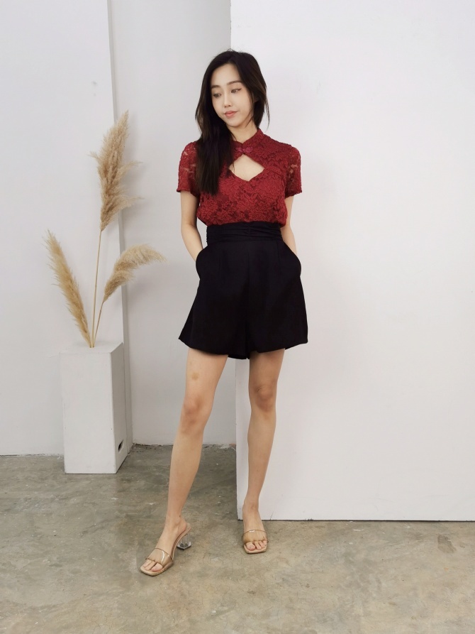 Mandarin Collar Lace Short Sleeve Top And Pant Set 17883