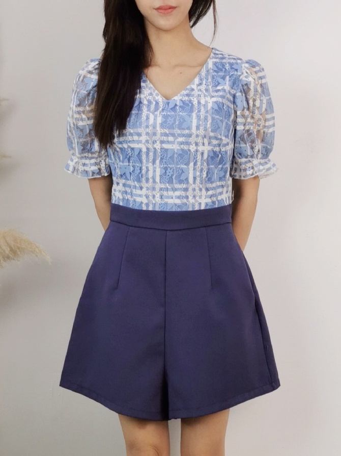 Two Tones Half Lace Short Sleeve Jumpsuit 18256