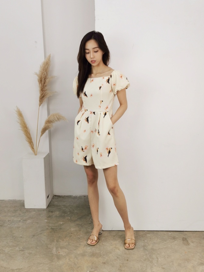 Off Shoulder Puff Sleeve Floral Jumpsuit 22391