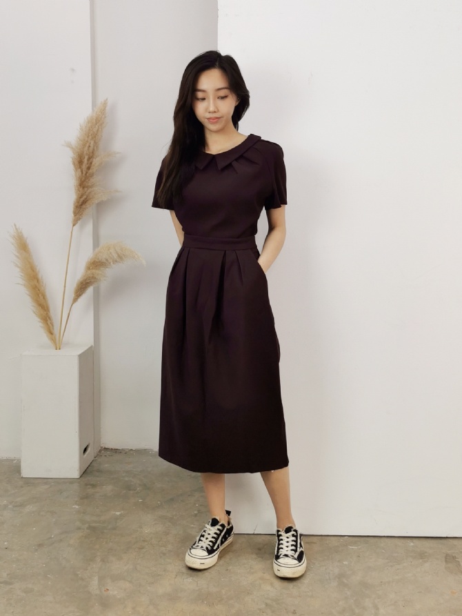 Collar Round Neck Top With Long Skirt Set 22977