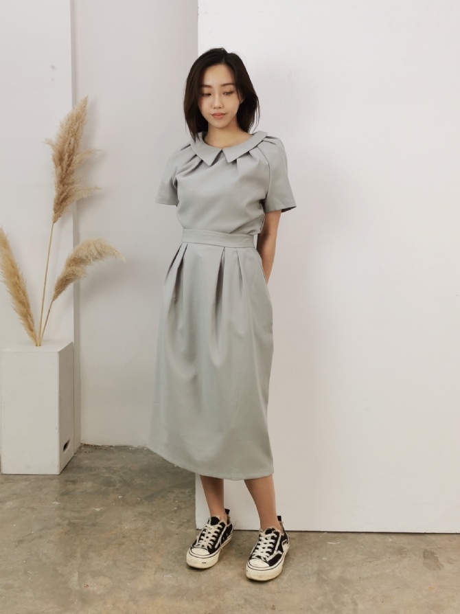 Collar Round Neck Top With Long Skirt Set 22977