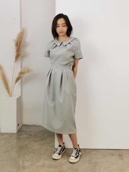 Collar Round Neck Top With Long Skirt Set 22977