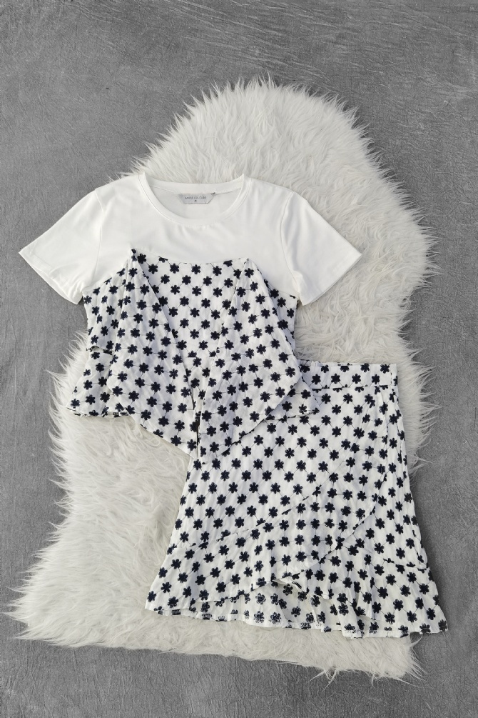 Polka Flower Top With Skirt Set 9835