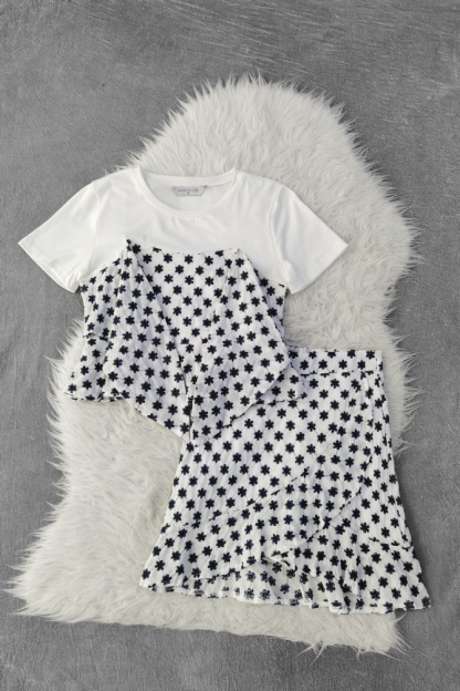 Polka Flower Top With Skirt Set 9835