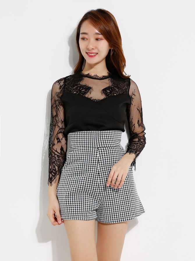 Transparent Top With Houndstooth Short Pants Set 12807