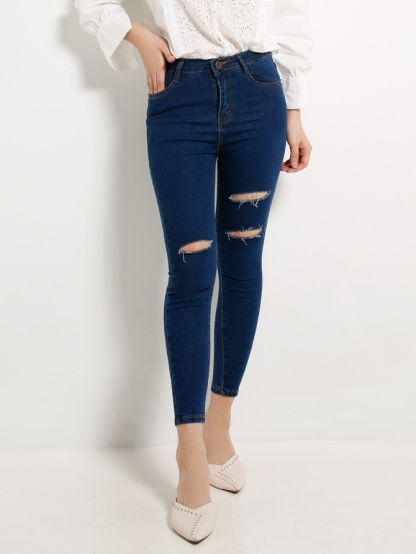 Basic Ripped Denim Skinny Long Pants 12948