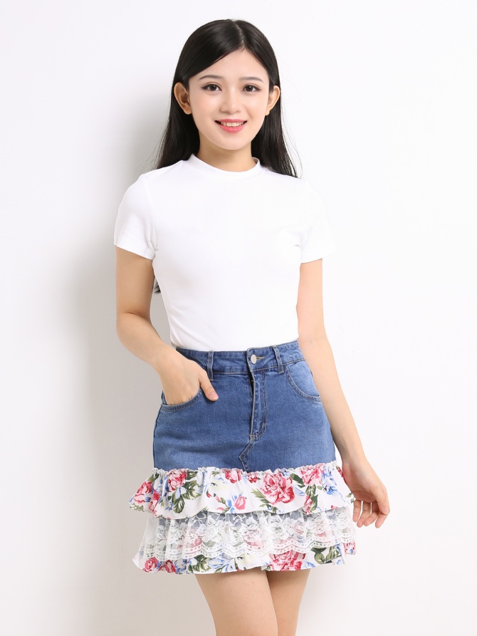 Denim With Lace Floral Skirt 13518