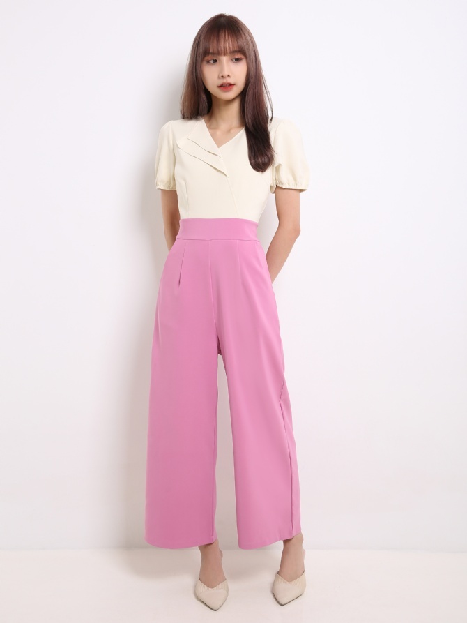 Two Tone V Neck Puff Sleeve Jumpsuit 13617