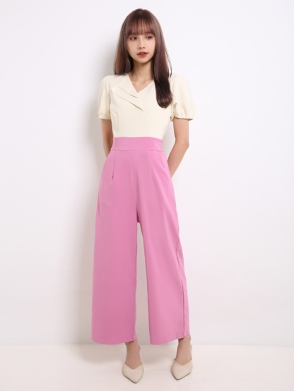 Two Tone V Neck Puff Sleeve Jumpsuit 13617