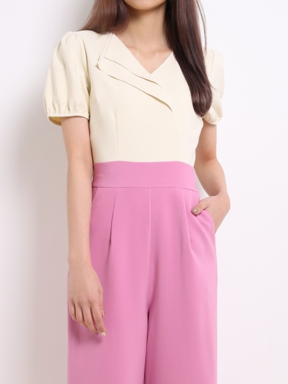 Two Tone V Neck Puff Sleeve Jumpsuit 13617