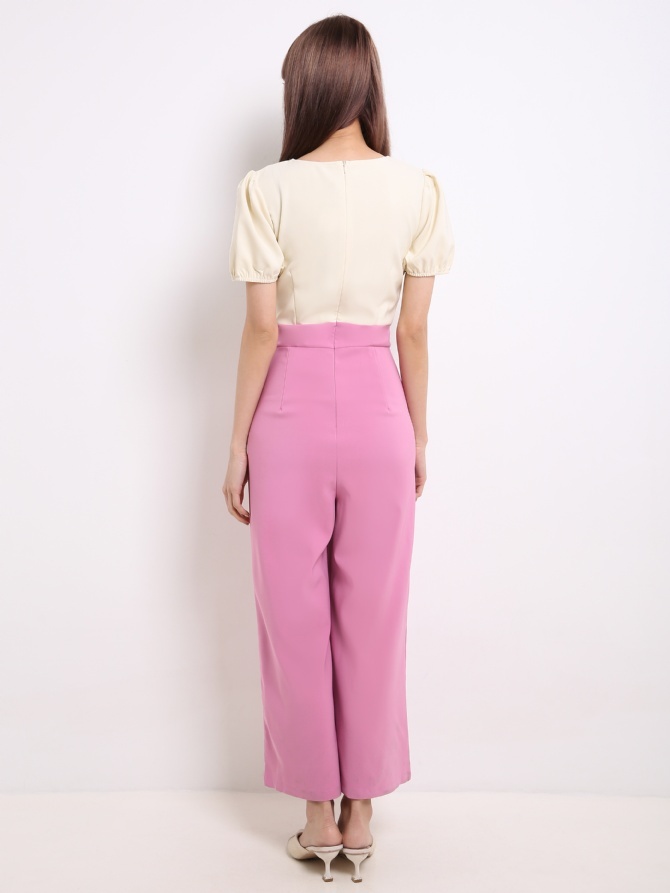 Two Tone V Neck Puff Sleeve Jumpsuit 13617