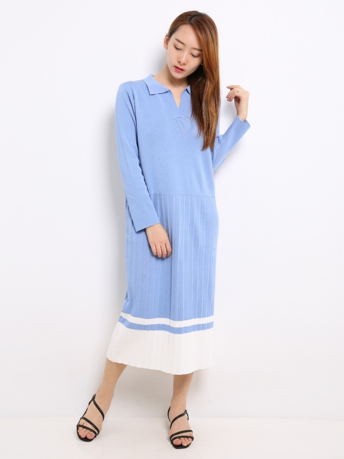 Knitted Pleated With Stripe Dress 13629