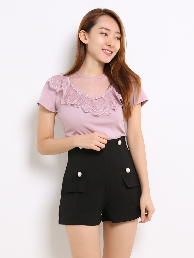 Round Neck With V Pattern Lace Ruffles Top 13637