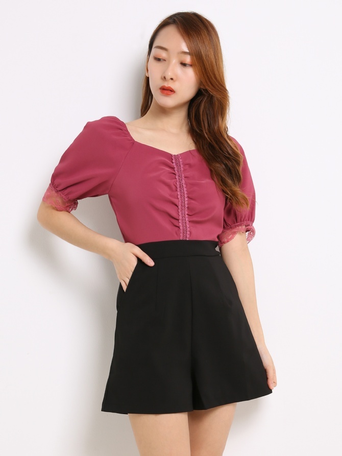 Puff Sleeve With Middle Lace Jumpsuit 13853