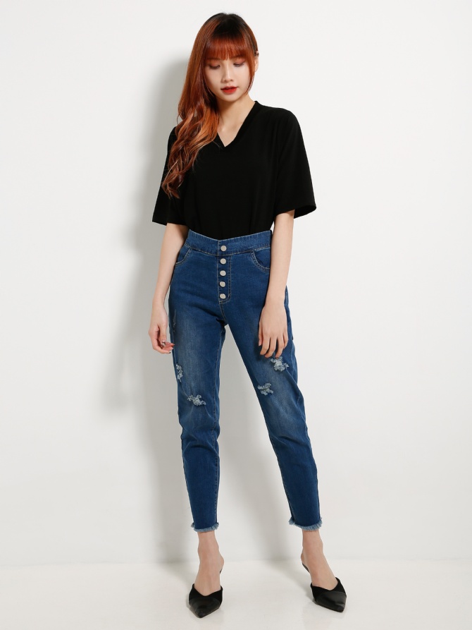 Front Button High Waisted Denim Long Pants 13312