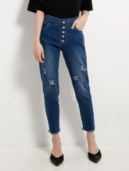 Front Button High Waisted Denim Long Pants 13312