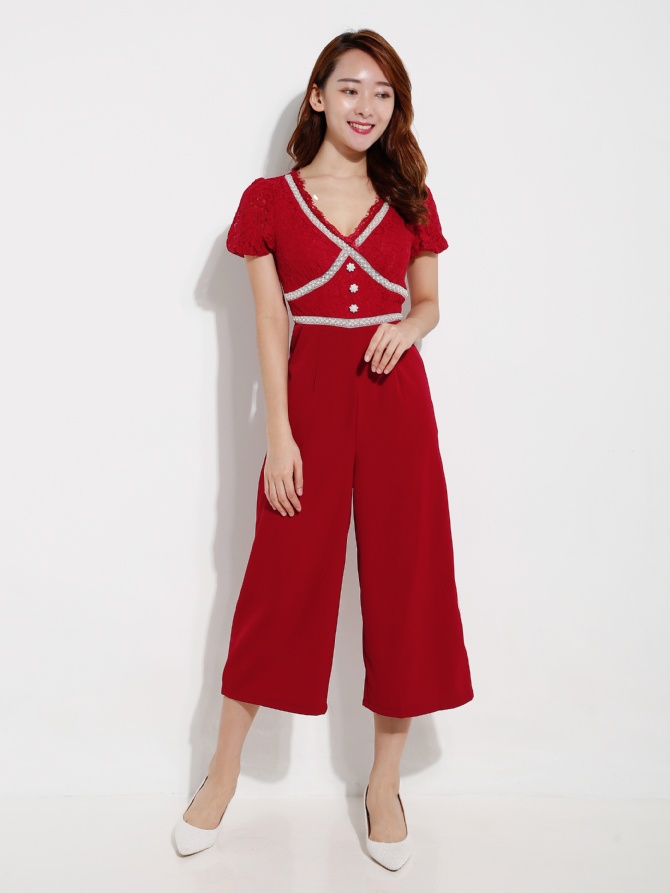 Front Button V Neck Jumpsuit 12602