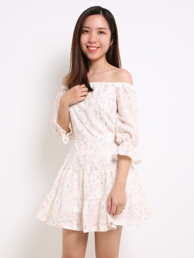 Off Shoulder Eyelet Leaves Dress 14088