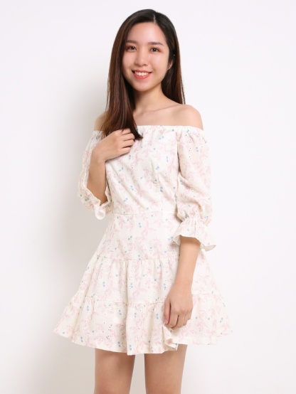 Off Shoulder Eyelet Leaves Dress 14088
