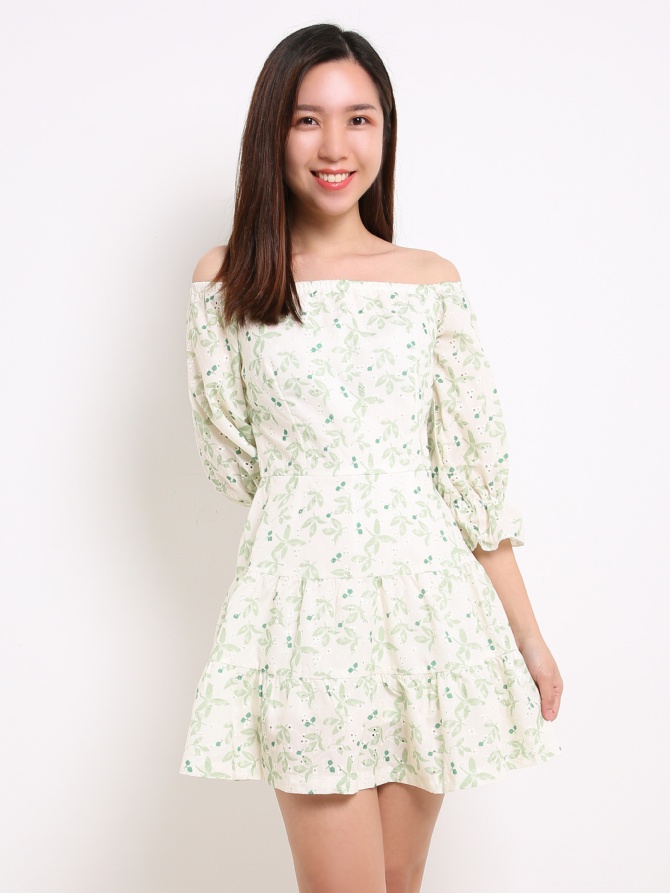 Off Shoulder Eyelet Leaves Dress 14088