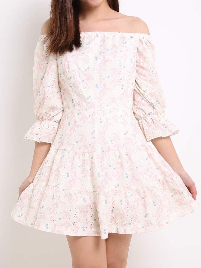 Off Shoulder Eyelet Leaves Dress 14088