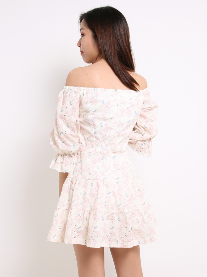 Off Shoulder Eyelet Leaves Dress 14088
