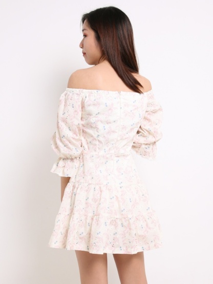 Off Shoulder Eyelet Leaves Dress 14088