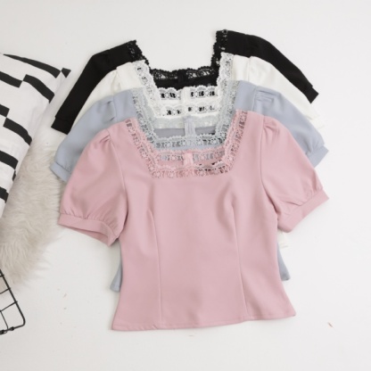 Lace Square Neckline Short Sleeve Top 15034