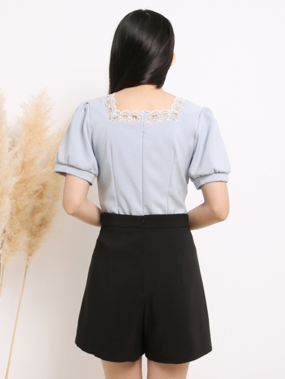 Lace Square Neckline Short Sleeve Top 15034