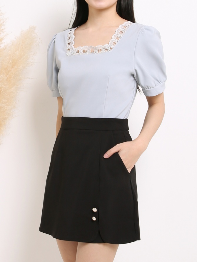 Lace Square Neckline Short Sleeve Top 15034