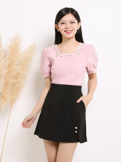 Lace Square Neckline Short Sleeve Top 15034