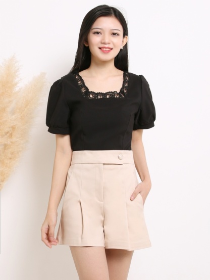 Lace Square Neckline Short Sleeve Top 15034