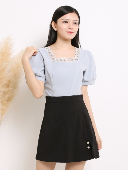 Lace Square Neckline Short Sleeve Top 15034