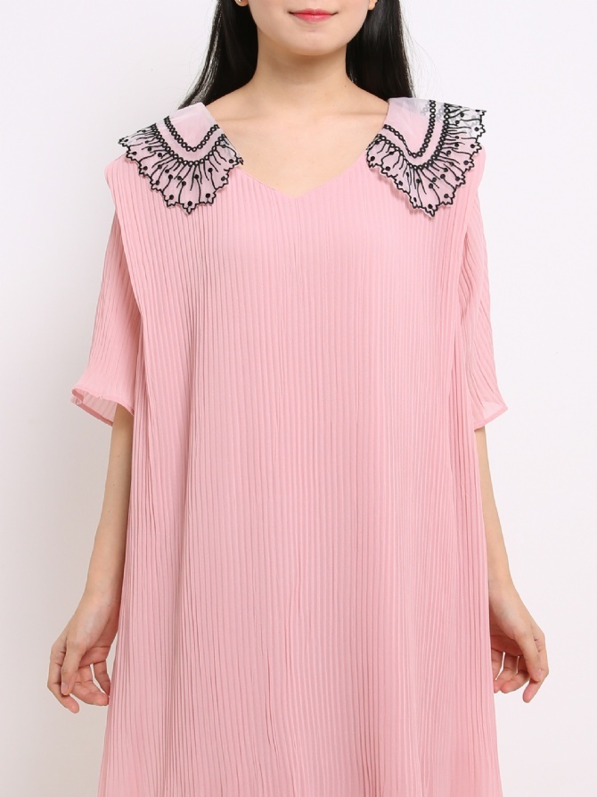 Net Collar Pleated Dress 14263
