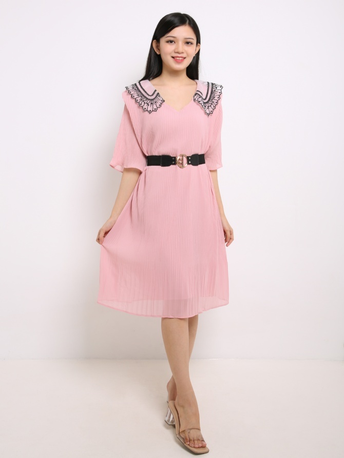 Net Collar Pleated Dress 14263