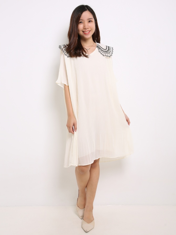 Net Collar Pleated Dress 14263