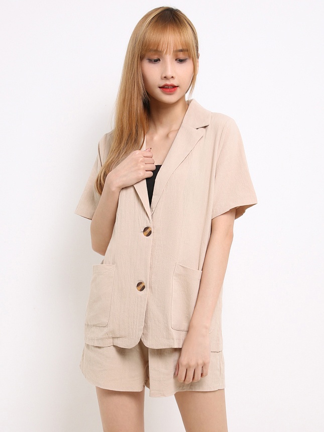 Linen Collar Top With Stretchable Waist Short Pants Sets 14186