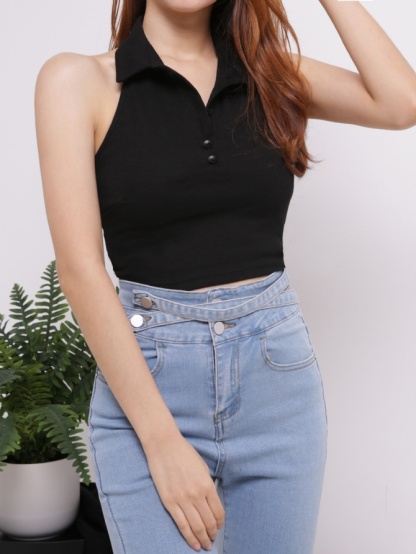 Halter Collar With Front Button Top 16078