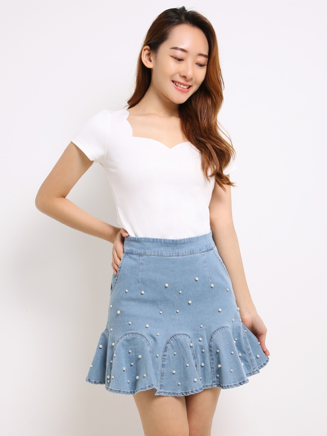 Detailed Pearl Godet Short Skirt 14747