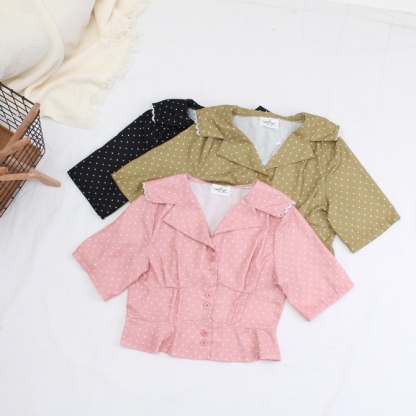 Collared Dot Pattern Short Sleeve Front Button Top 17730