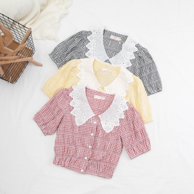Checker Paste Lace Neck Front Button Top 17753