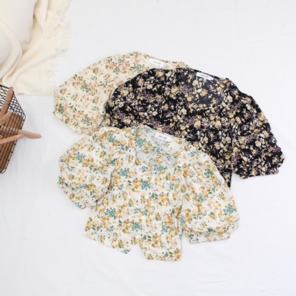 Floral Short Sleeve With Button Top 17708