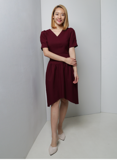 V Neck Puff Sleeve Panel Dress 18243