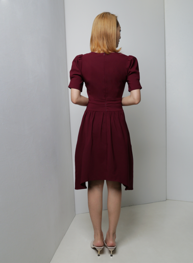 V Neck Puff Sleeve Panel Dress 18243